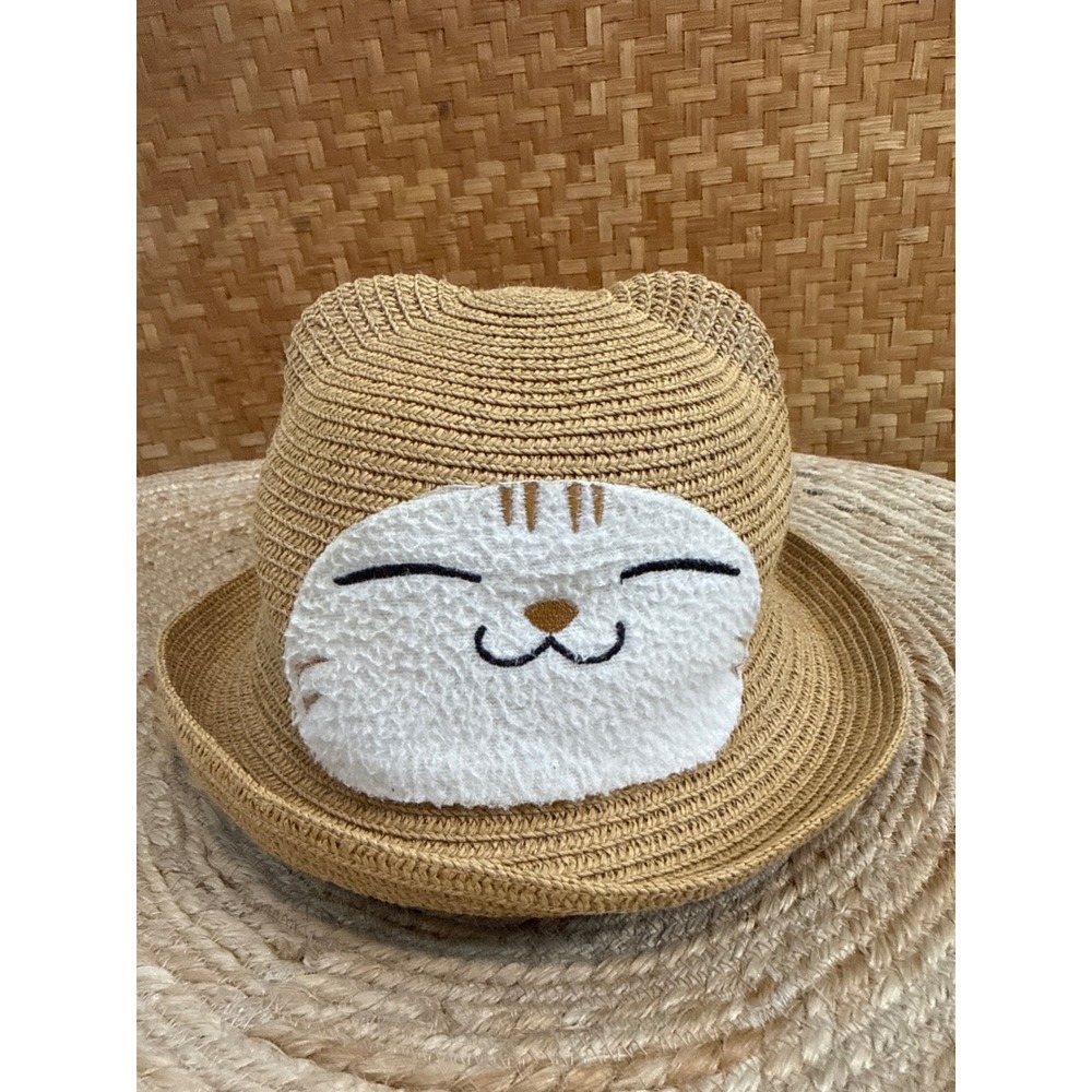 Cute Cat Face Straw Fedora Hat Tan Paper Sun Hat Kawaii Cottagecore Kitty